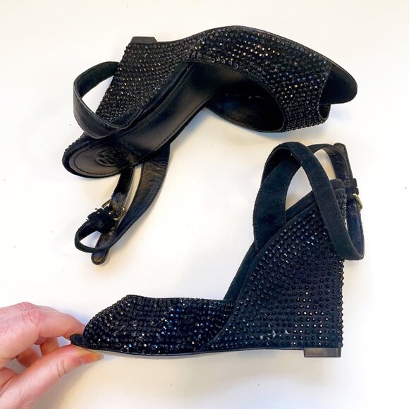 Tory Burch Black Lila Embellished Wedge Heels, Size 6 - Picture 3 of 10